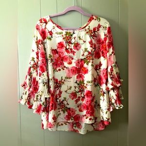 Floral Blouse With Two Tiered Ruffle Sleeve